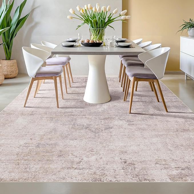 Pink and Grey 6x8 Living Room Rug, Morden Washable Area Rug for Bedroom, Non Slip Carpet for Dinning Room Under Table, Medallion Distressed Print Pattern