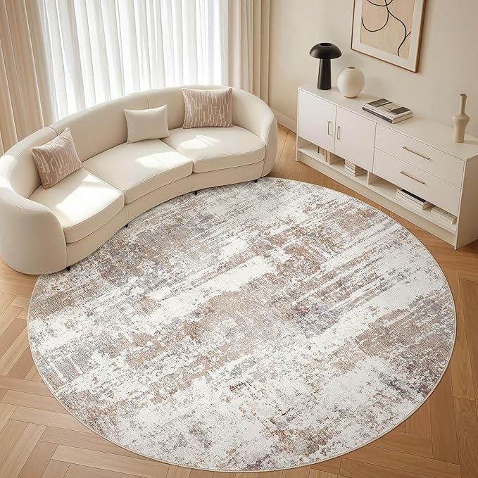 Round Rug Living Room Rugs: 7Ft Washable Circle Large Abstract Modern Soft Stain Resistant Non Slip Indoor Floor Carpet for Bedroom Nursery Office Dining Room Dorm Home House Decor- Brown