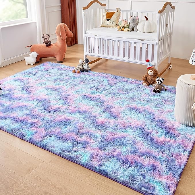 Andency 6x9 Area Rugs, Large Shag Fluffy Soft Shaggy Rugs for Living Room Bedroom, Non-Slip Tie-Dyed Unicorn Rainbow Thick Plush Carpet for Kids Girls and Boys, Dorm Nursery Home Decor Aesthetic