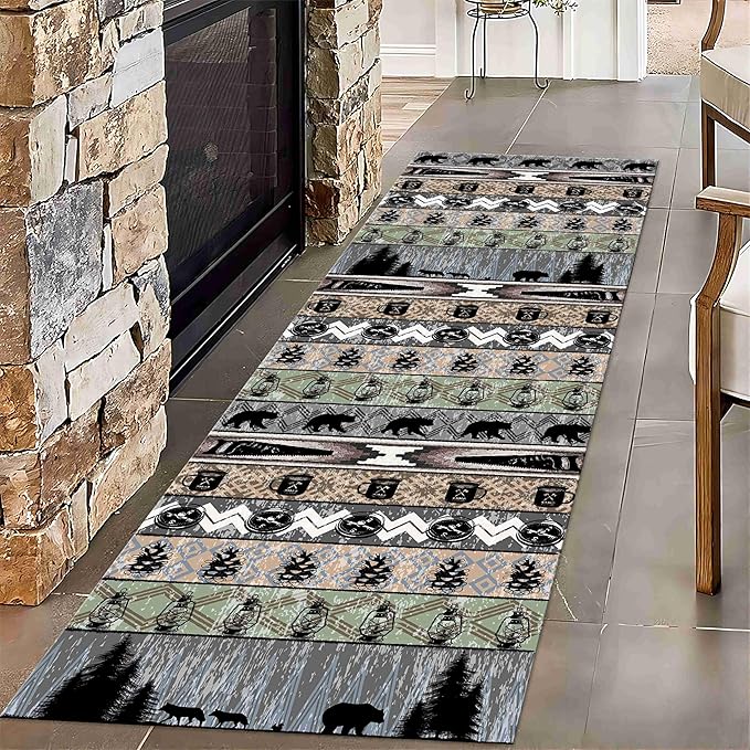 Bear Rug for Runner Rug, 2.6x7ft, Rustic Black Bear Wood Saw Compass Pine Oil Lamp Pattern Long Runner Rug, Camping Theme Multi-Color Stitching Non-Slip Floor Carpet, Cabin Style Home Decoration