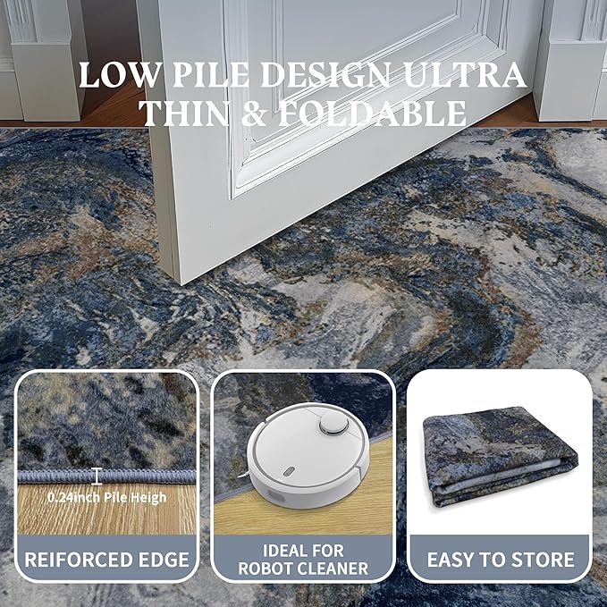 Modern Washable Rug for Living Room: Abstract 6x9 Area Rugs for Bedroom Low Pile Non Slip - Stain Resistant Carpet for Dining Room Indoor - Blue Gold