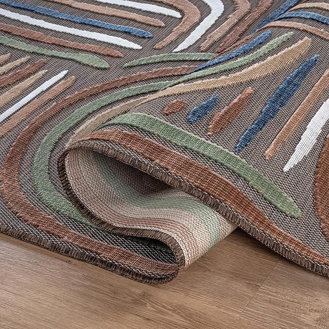 CAMILSON Indoor Outdoor Rug, Brown 6x9 Geometric Arch Striped Area Rugs for Patio and Home Areas, Easy-Cleaning Non-Shedding Living Room, Garden and Deck Washable Outside Carpet (6 x 9)