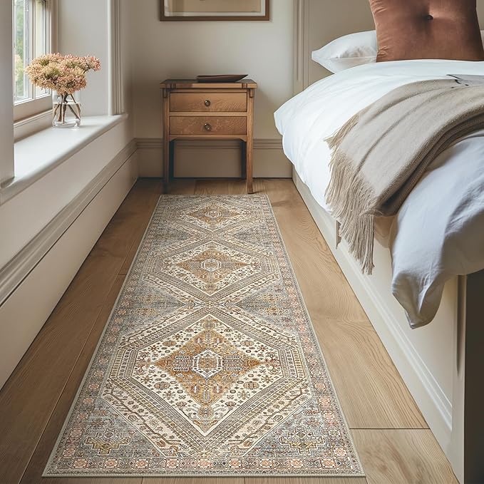 Bavni Runner Rug 2x10 Kitchen Rugs for Hallways Entryway, Washable Vintage Print Carpet, Ultra-Thin Chenille Low Pile Lightweight Rug with Non Slip Backing, Tan/Grey