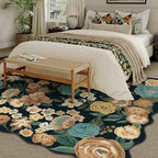 Washable Floral Area Rug 6x9 Black Living Room Large Carpet Bedroom Scalloped Flower Non Slip Soft Throw Rug Farmhouse Low Pile Thin Indoor Floor Cover for Dining Room Office