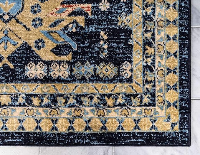 Unique Loom Taftan Collection Border Geometric Tribal Inspired Design Area Rug (4' 0 x 6' 0 Rectangular, Navy Blue/ Gold)