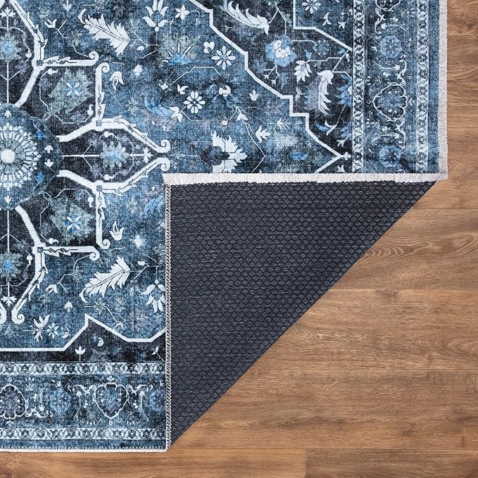 Bloom Rugs Caria Washable Non-Slip 5x7 Rug - Blue/Charcoal Traditional Area Rug for Living Room, Bedroom, Dining Room, and Kitchen - Exact Size: 5' x 7'