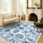 Fame Living Navy Blue Oushak Rug, Modern, Vintage, Turkish, Eclectic, Floral, Pastel, Washable, Oversized, Extra Large Area Rugs for Living Room, Dining, Bedroom, Lounge 9'5"x14'