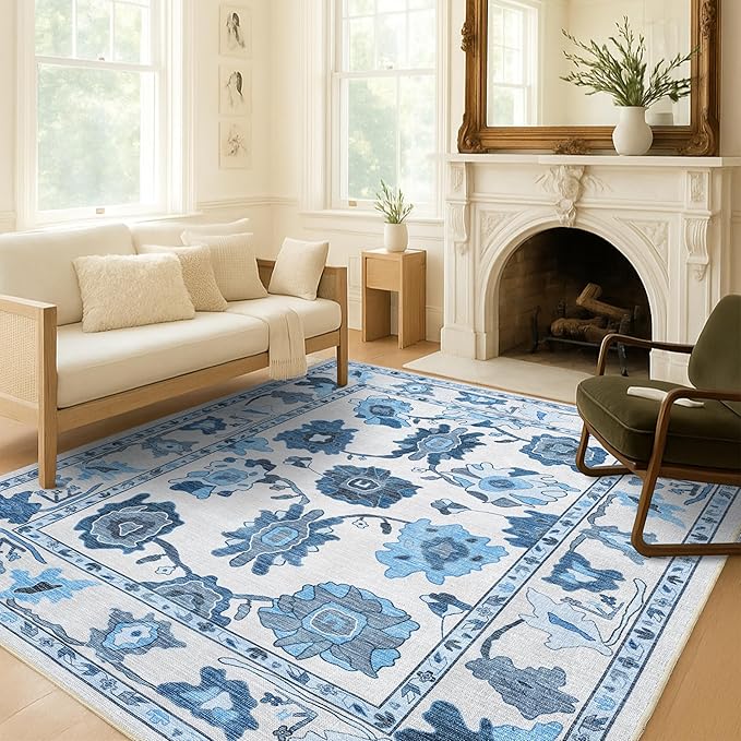 Fame Living Navy Blue Oushak Rug, Modern, Vintage, Turkish, Eclectic, Floral, Pastel, Washable, Extra Large Area Rugs for Living Room, Dining, Bedroom, Lounge, 9'x12'