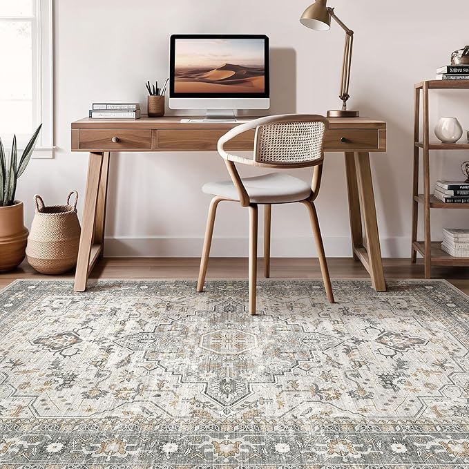 8x10 Area Rugs Living Room: Washable Boho Large Neutral Vintage Soft Rug Stain Resistant Distressed Farmhouse Non-Slip Indoor Floor Carpet for Bedroom Nursery Kids Office Dining Room- Taupe