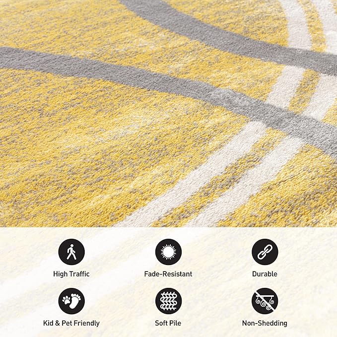 Rugshop Wavy Circles Design Area Rug, Carpet with Jute Backing for Living Room, Bedroom, or Dining Room, Yellow, 7'10" x 10'2"