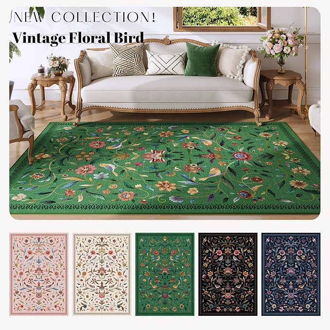 Vintage Medallion Floral Indoor Door Mat 2x3, Machine Washable Entryway Rug, Low Pile Soft Small Carpet, Non-Slip Area Rug for Entrance, Bedroom, Kitchen & Kids Room | Green