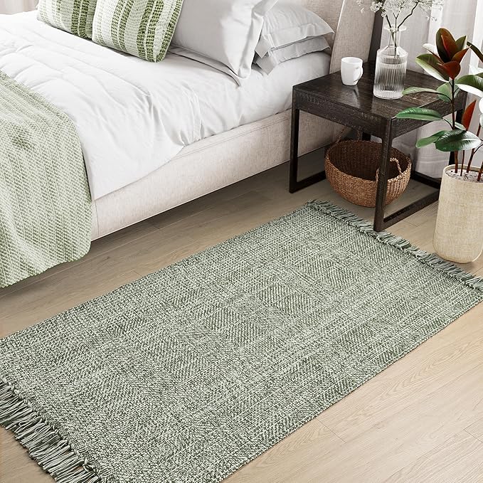 Collive Washable Area Rug 3' x 5', Modern Woven Kitchen Rugs, Olive Green/Cream Braided Cotton Rug Indoor Door Mat Throw Carpet for Entryway Living Room Nursery Mudroom Laundry Room