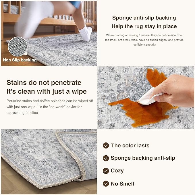 HUGEAR Machine Washable Area Rugs 8x10 Vintage Blue Large Living Room Bedroom Rug Neutral Style Non Slip Stain Resistant Low Pile Throw Carpet for Home Retro Aesthetic Modern Decor