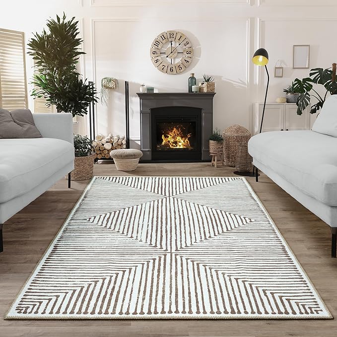 Bloom Rugs Washable Non-Slip 8' x 10' Rug - Brown Striped Area Rug for Living Room, Bedroom, Dining Room, and Kitchen - Exact Size: 8' x 10'