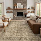 FMFUNCTEX 10x12 Washable Area Rug Brown Vintage Neutral Distressed Large Non Slip Carpet for Living Room Bedroom Soft Low Pile Indoor Mat Retro Floral Throw Rug for Dining Room Kitchen Office Nursery
