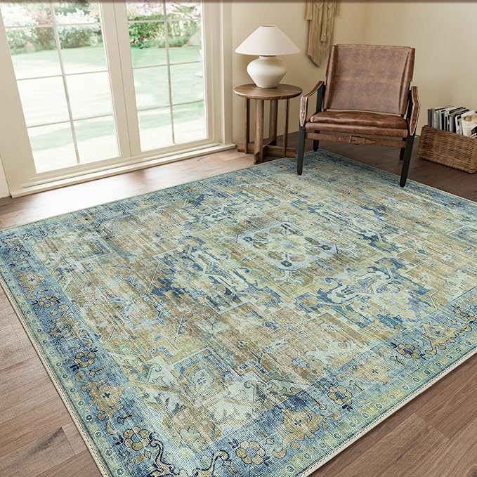 GENIMO Machine Washable 8x10 Area Rugs for Living Room, Non Slip Vintage Rugs, Low Pile Lightweight Chenille Print Rug for Bedroom, Dining Room, Home Office, Fade Blue
