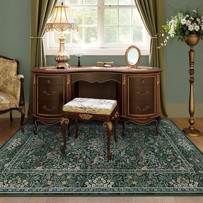 3x5 Floral Washable Area Rug for Living Room, Vintage Boho Rugs for Bedroom Dining Room, Botanical Birds Non Slip Low Pile Forest Throw Carpet for Farmhouse Office, Retro Green/Blue