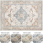 5x7 Area Rugs Living Room: Washable Boho Large Neutral Vintage Soft Rug Stain Resistant Distressed Farmhouse Non-Slip Indoor Floor Carpet for Bedroom Nursery Kids Office Dining Room- Beige Blue