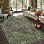 Kokia 6x9 Washable Area Rugs Dark Green with Vintage Orient Design Soft Rug for Living Room or Home Office Non-Slip Low Pile Stain Resistance Features Distressed Medallion Pattern