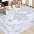 Area Rug 10x12 Living Room Rugs, Machine Washable Vintage Distressed Medallion Rug Non-Slip Soft Low Pile Large Indoor Rugs for Bedroom Kitchen Dining Room Office(Light Grey,10'x12')