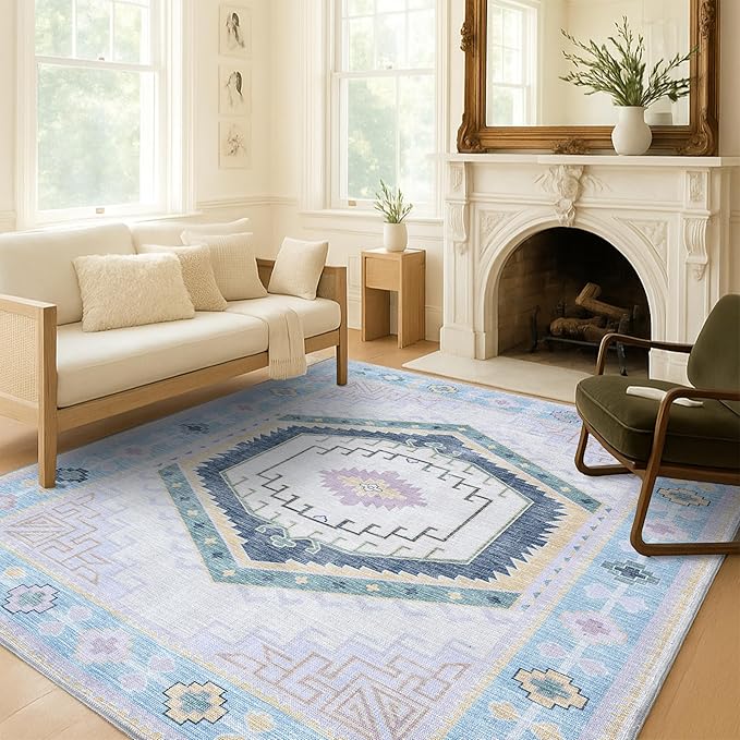 Fame Living Washable Area Rug. Modern Farmhouse. Vintage. Turkish. Bohemian. Distressed. Oriental. Traditional. Rugs for Living Room. Dining. Bedroom. Office. Entryway. Foyer. (856PBl, 5'9" x 8'9")