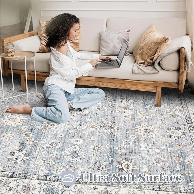 Area Rug 5x7 Living Room Rug, Machine Washable Vintage Distressed Boho Area Rug Non-Slip Soft Low Pile Large Indoor Rugs for Bedroom Kitchen Dining Room Office(Light Blue,5'x7')