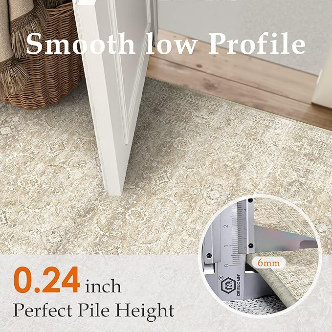 HUGEAR 2x3 Washable Area Rug Beige Vintage Neutral Small Entryway Rug Soft Non Slip Distressed Carpet Low Pile Pet Friendly for Bathroom Kitchen Hallway Porch Foyer