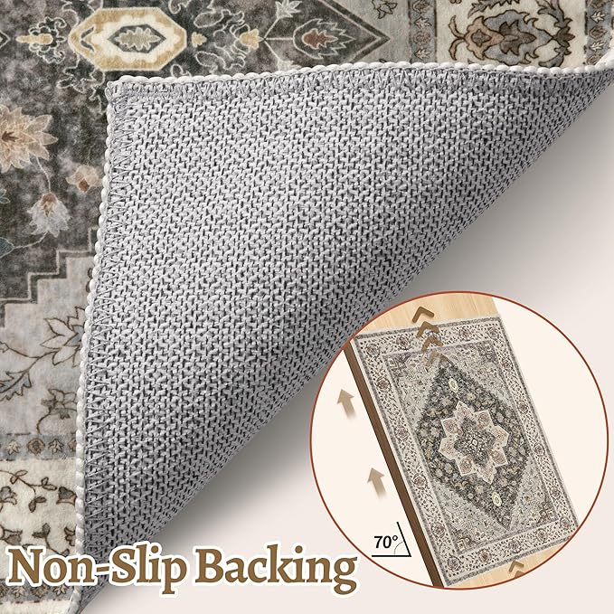 Tangsoo Washable Rug 4x6 Area Rug, Vintage Rug Indoor for Living Room, Non Slip Machine Washable Large Rugs, Soft Print Distressed Grey Farmhouse Carpet for Bedroom Dining Room Dorm Office