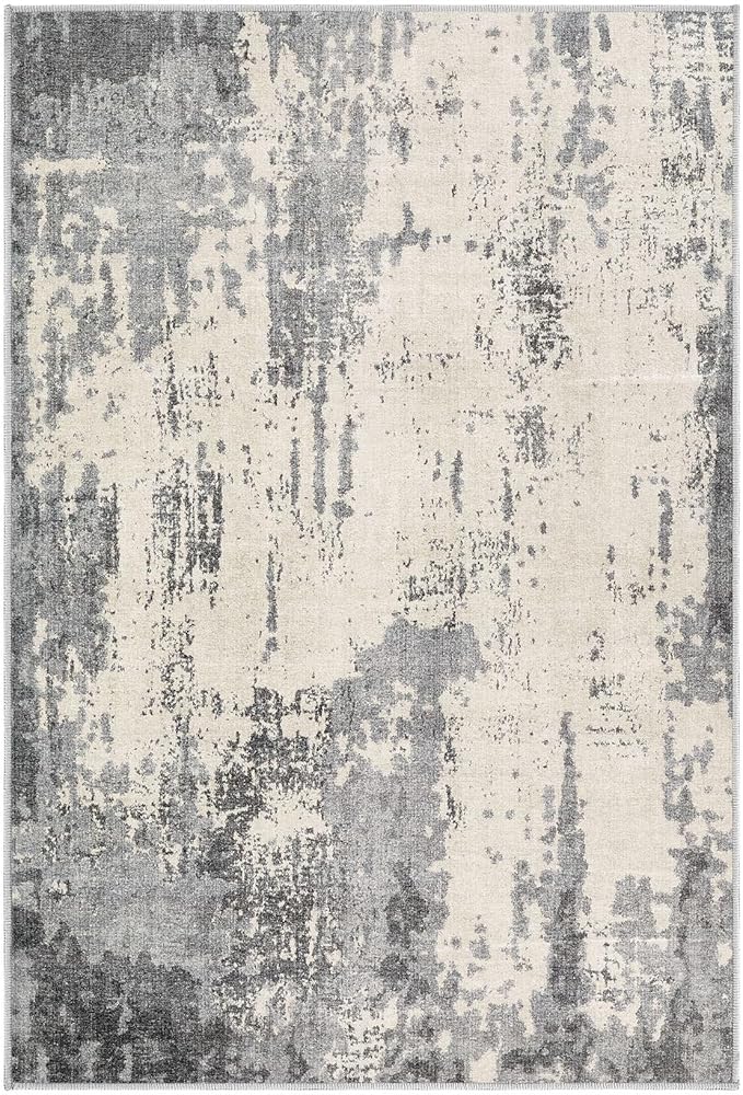 2x3 Entryway Area Rug: Washable Neutral Modern Abstract Small Rug - Non-Slip Low Pile Throw Indoor Carpet for Entrance Kitchen Front Door Mat Bathroom Entry Kids Room - Grey/Light Brown