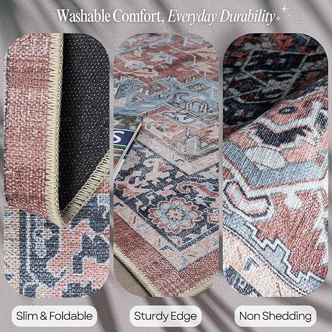 Fame Rugs Turkish Rug. Washable Vintage Oriental Antique Inspired Traditional Doormat Small Modern Area Rugs Luxury Entryway Entry Bedroom Bathroom Kitchen (401TB, 2'5 x 6'9)