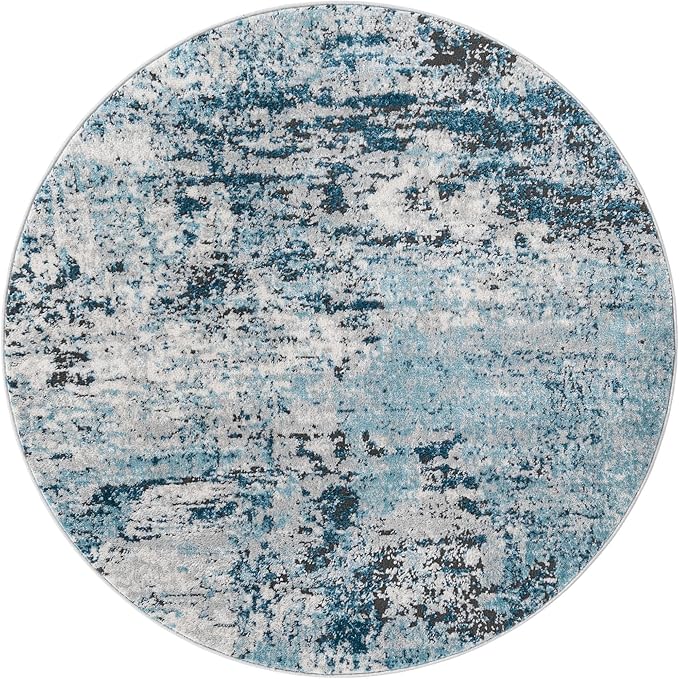 Rugs.com Leipzig Collection Rug – 4 Ft Round Blue Low-Pile Rug Perfect for Kitchens, Dining Rooms