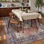 Washable Area Rug 5' x 7' Vintage Traditional Persian Mat - Foldable Distressed Non-Slip Machine Washable Carpet for Living Room Bedroom Kitchen Home Decor - Terracotta and Navy