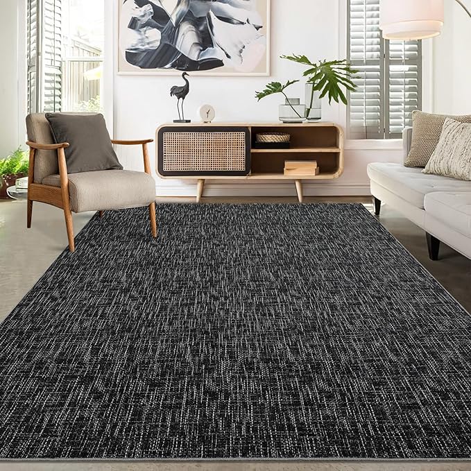 RUGSREAL 8x10 Washable Rug for Living Room Non-Slip Modern Abstract Area Rug Stain Resistant Large Bedroom Rug Contemporary Accent Throw Floor Carpet Solid Rug for Dining Room Home Decor, Black
