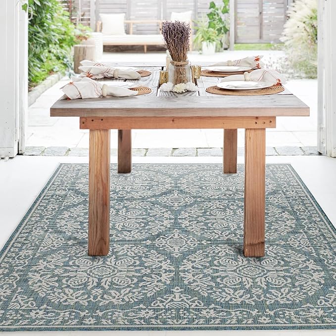FH Home Flat Woven Outdoor Rug - Waterproof, Easy to Clean, Stain Resistant - Premium Polypropylene Yarn - Farmhouse - Patio, Porch, Deck, Balcony - Marbella - Ocean - 5ft 4in x 7ft 6in
