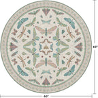 Insect Light Green 5ft Round Area Rug for Living Room - Washable Floral Fun Kids Rugs for Bedroom, Playroom, Boho & Butterfly Design - Low Pile Soft Circle Carpet