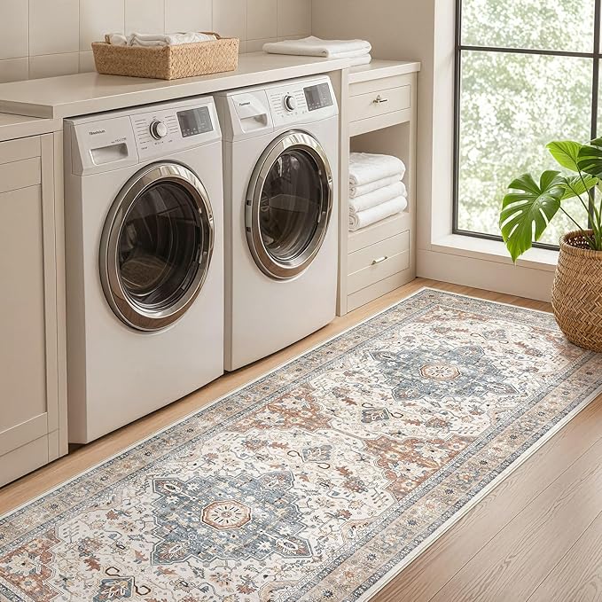 Runner Rug Kitchen Washable Rugs: 3x8 Non-Slip Boho Vintage Distressed Stain Resistant Indoor Neutral Farmhouse Throw Carpet for Hallway Bathroom Laundry Room Entryway Bedroom- Beige Blue