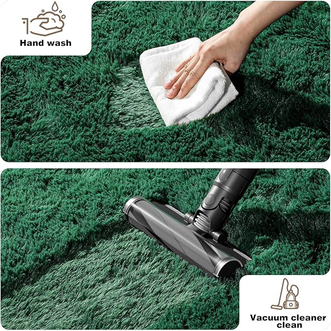 3x5 Dark Green Rugs for Bedroom Living Room, Fluffy Small Area Rug Soft Shag Carpet for Kids Boys and Girls Room with 4 Rugs Non-Slip Stickers Dorm Home Decor (3ft x 5ft)