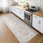 Runner Rug Kitchen Washable Rugs: 3x10 Non-Slip Boho Soft Vintage Stain Resistant Indoor Floor Neutral Farmhouse Throw Carpet for Hallway Bathroom Laundry Room Entryway Bedroom- Ivory Gray