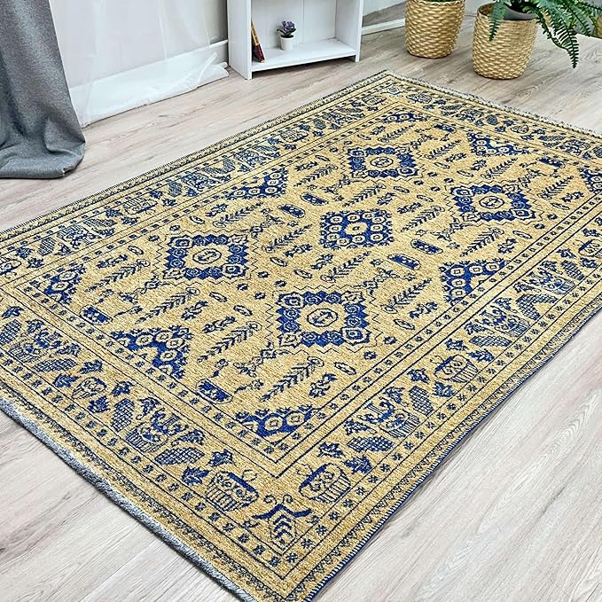 Alfa Rich 7x10 Gold Navy Blue Washable Area Rugs for Living Room Bedroom Kitchen Dining Cotton Rug