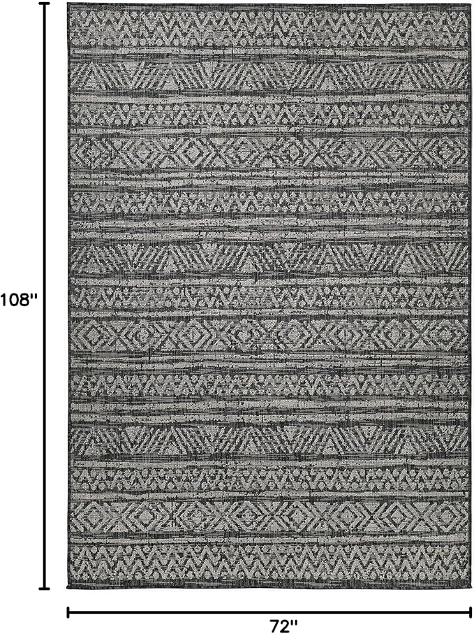 FH Home Outdoor Rug - Waterproof Easy to Clean Stain Resistant - Patio Indoor Outdoor Porch Deck Balcony Entryway - Striped Boho - Amman - Charcoal - 6' x 9'