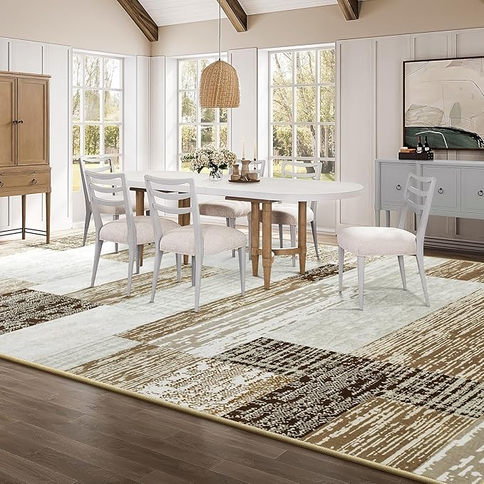 Large Area Rugs,Modern Geometric Patchwork Floor Decor for Bedroom Aesthetic Carpet, Rockwood Collection, Indoor Rugs for Living Room, Dining Room, Nursery, Office, Machine Washable Rug,8x10 Ft Beige
