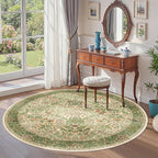 6ft Round Area Rugs for Living Room, Washable Floral Circle Rug Non Slip Low Pile, Vintage Boho Botanical Birds Throw Carpet for Farmhouse, Bedroom, Dining Room, Retro Pink/Green