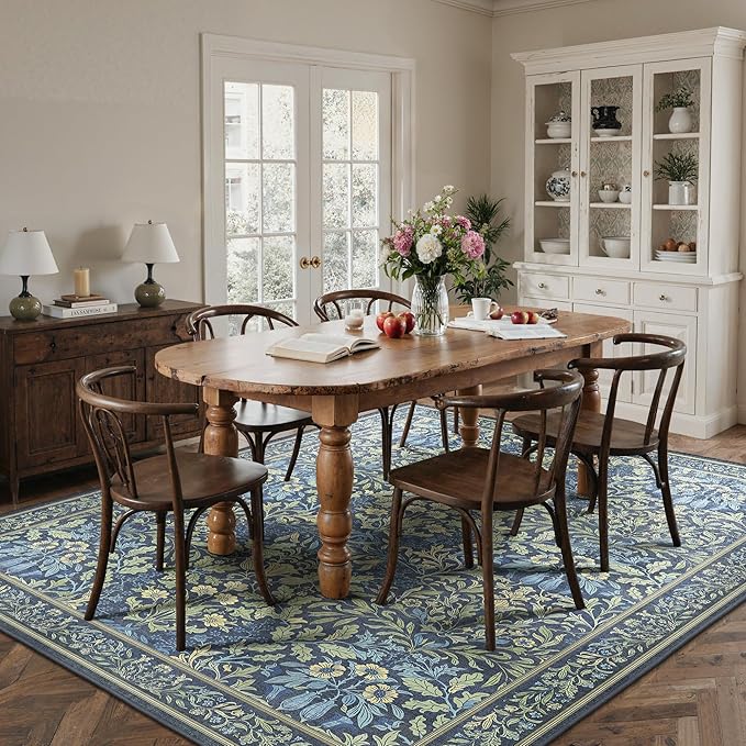 Bavni Floral Dark Blue Area Rugs 6x9, Vintage Boho Carpet Machine Washable, Non Slip Soft Low Pile Thin Rug for Bedroom, Living Room, Dining Room, Nursery