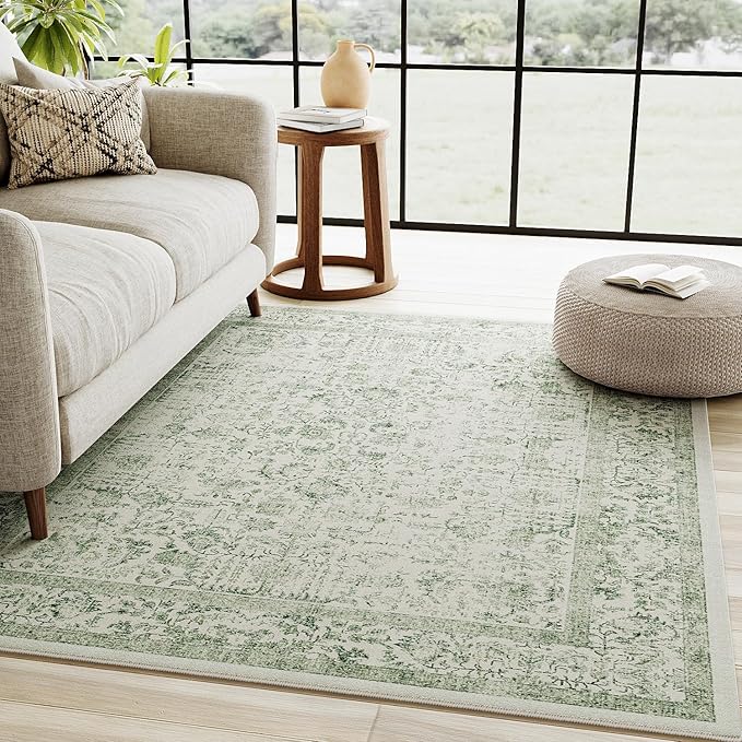 Sage Green Area Rug 4x6 Washable Office Entryway Carpet Vintage Distressed Non Slip Kitchen Indoor Entry Neutral Low Pile Retro Floral Farmhouse Throw Mat for Laundry Dining Room Bedroom