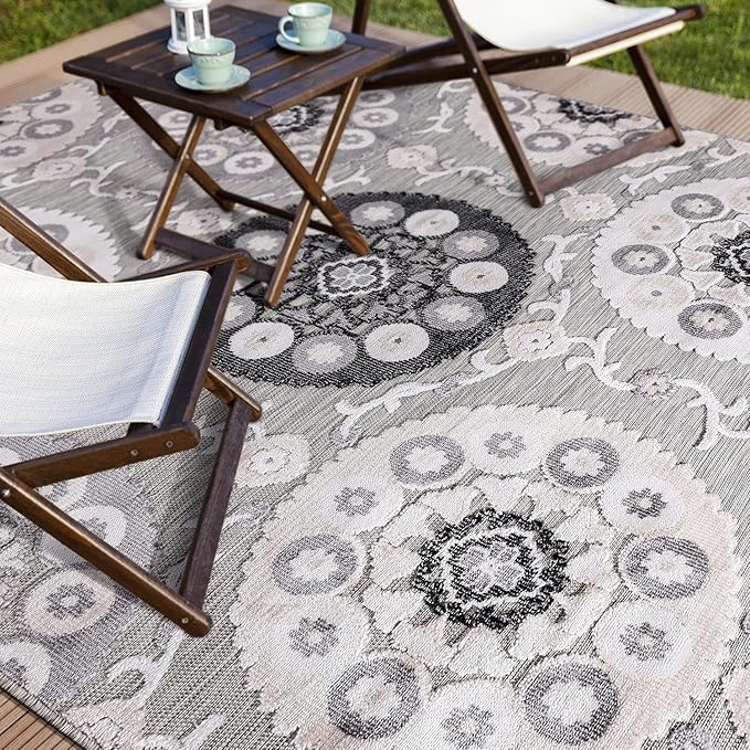 CAMILSON Indoor Outdoor Rug 8x10 Bohemian Medallion Floral Area Rugs for Indoor and Outdoor Patios Easy-Cleaning Non-Shedding Living Room Garden and Kitchen Washable Outside Carpet (8 x 10 / Gray)