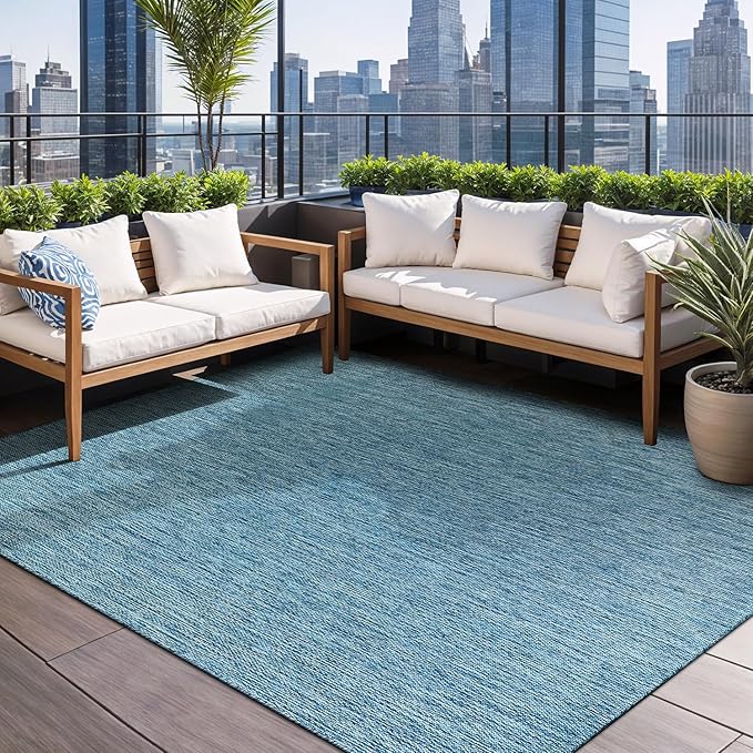 Beverly Rug Indoor Outdoor Rug 6x9, Washable Outside Carpet for Patio, Deck, Porch, Solid Modern Area Rug, Water Resistant, Aqua Blue