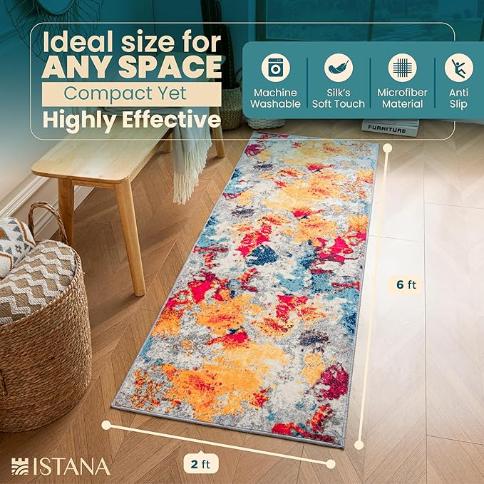 Istana Hallway Runner Rug 2x6 - Multi Colors Kitchen Rugs Non Slip Washable -Silk's Soft Touch Carpet Runner - Stylish Rug for Home