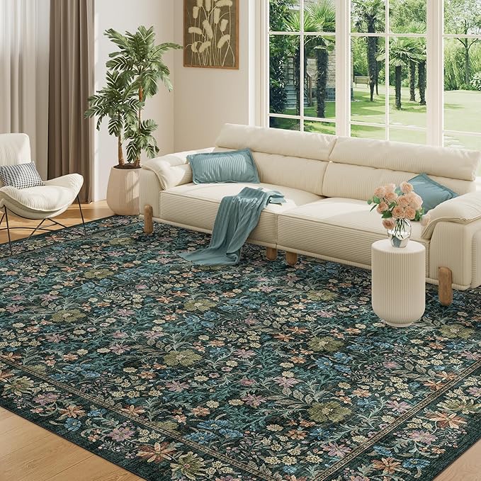 DUKINO 8x10 Area Rugs for Living Room, Vintage Floral Washable Rug with Non Slip Backing, Soft Low Pile & Non-Shedding Large Carpets for Bedroom, Farmhouse, Dining Room, Home Office, Blue