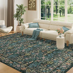 DUKINO 8x10 Area Rugs for Living Room, Vintage Floral Washable Rug with Non Slip Backing, Soft Low Pile & Non-Shedding Large Carpets for Bedroom, Farmhouse, Dining Room, Home Office, Blue