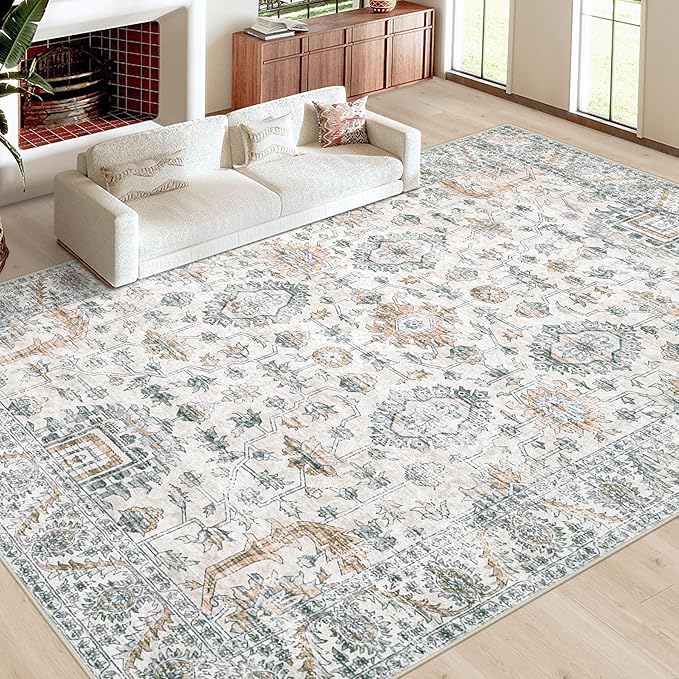 Area Rug 10x12 Living Room Rugs, Machine Washable Vintage Distressed Boho Area Rug Non-Slip Soft Low Pile Large Indoor Rugs for Bedroom Kitchen Dining Room Office(Brown Green,10'x12')